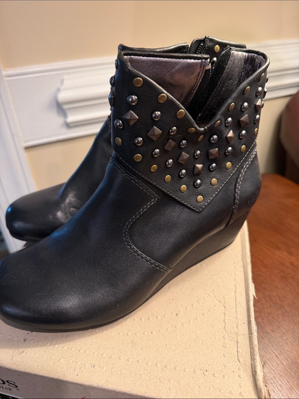 Taos Footwear Black Studded Wedge Ankle Booties